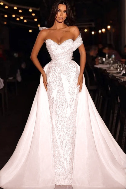 Baby Blue Embroidery Sleeveless Strapless One-Shoulder Mermaid Beads Prom Dress