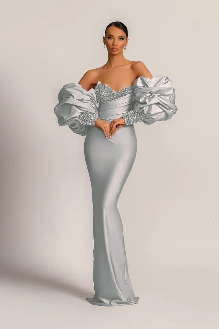 Purple Mermaid Prom Dress With Appliques Puff Sleeves