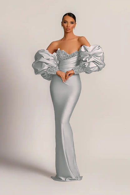 Purple Mermaid Prom Dress With Appliques Puff Sleeves