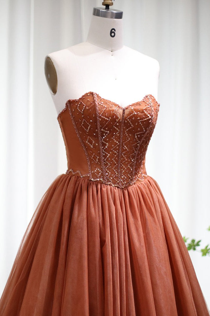 A Line Strapless Prom Dress Floor Length Tulle With Appliques