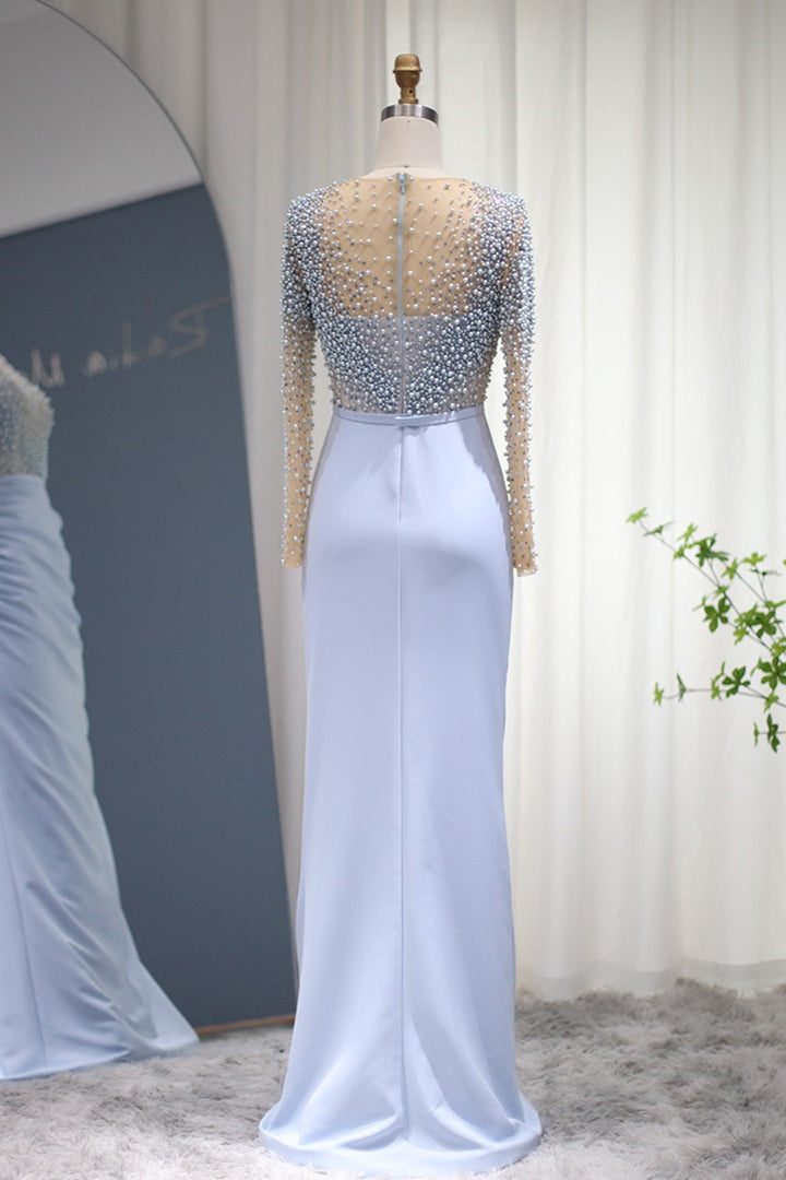 Jewel Neck Mermaid Prom Dress Long Sleeves With Beaded Wrinkled