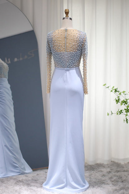 Jewel Neck Mermaid Prom Dress Long Sleeves With Beaded Wrinkled