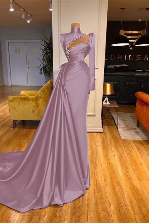 High Neck Long Sleeves Mermaid Prom Dress Beadings With Ruffles