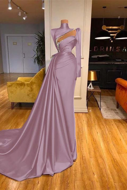 High Neck Long Sleeves Mermaid Prom Dress Beadings With Ruffles