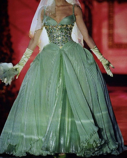 Vintage Ball Gown A Line Spaghetti Strap Beaded Pleated Green Tulle Party Dress Evening Dress SH2849