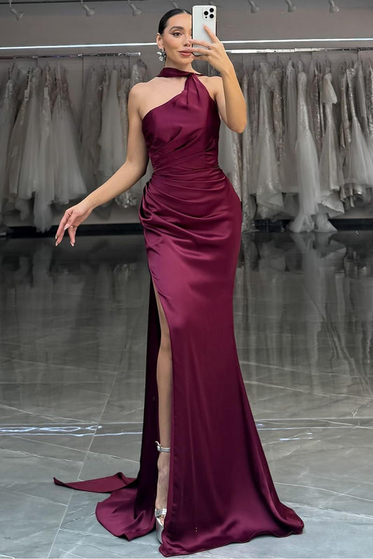 Shinning Burgundy Satin Halter Sleeveless Long Pleated Prom Dress with Split