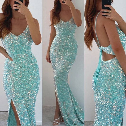 Spaghetti-Straps Split V-Neck Long Mermaid Prom Dress With Sequins