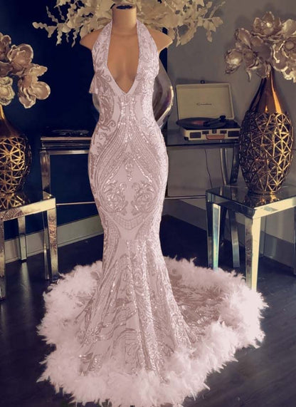 Mermaid Sequins Halter Prom Dress Open Back