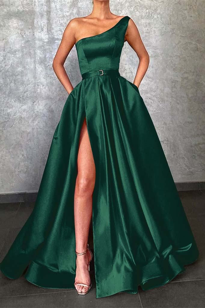 Glamorous One Shoulder Red Prom Dress Slit With Pockets