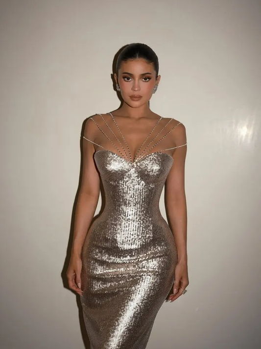 Sparkly Silver Off-the-Shoulder Evening Dress Sleeveless With Sequins