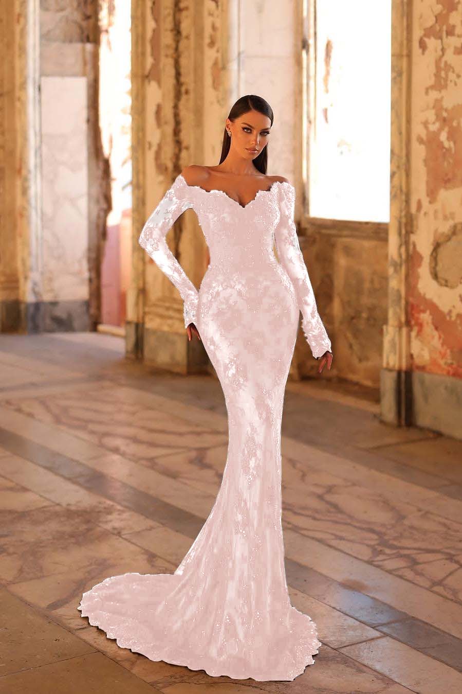 Elegant Black Lace Long Sleeves Off the Shoulder Mermaid Long Prom Dress with Beadings