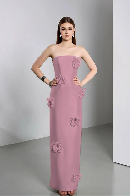 Elegant Ivory Strapless Evening Dress Column Floor Length in Satin with Flower