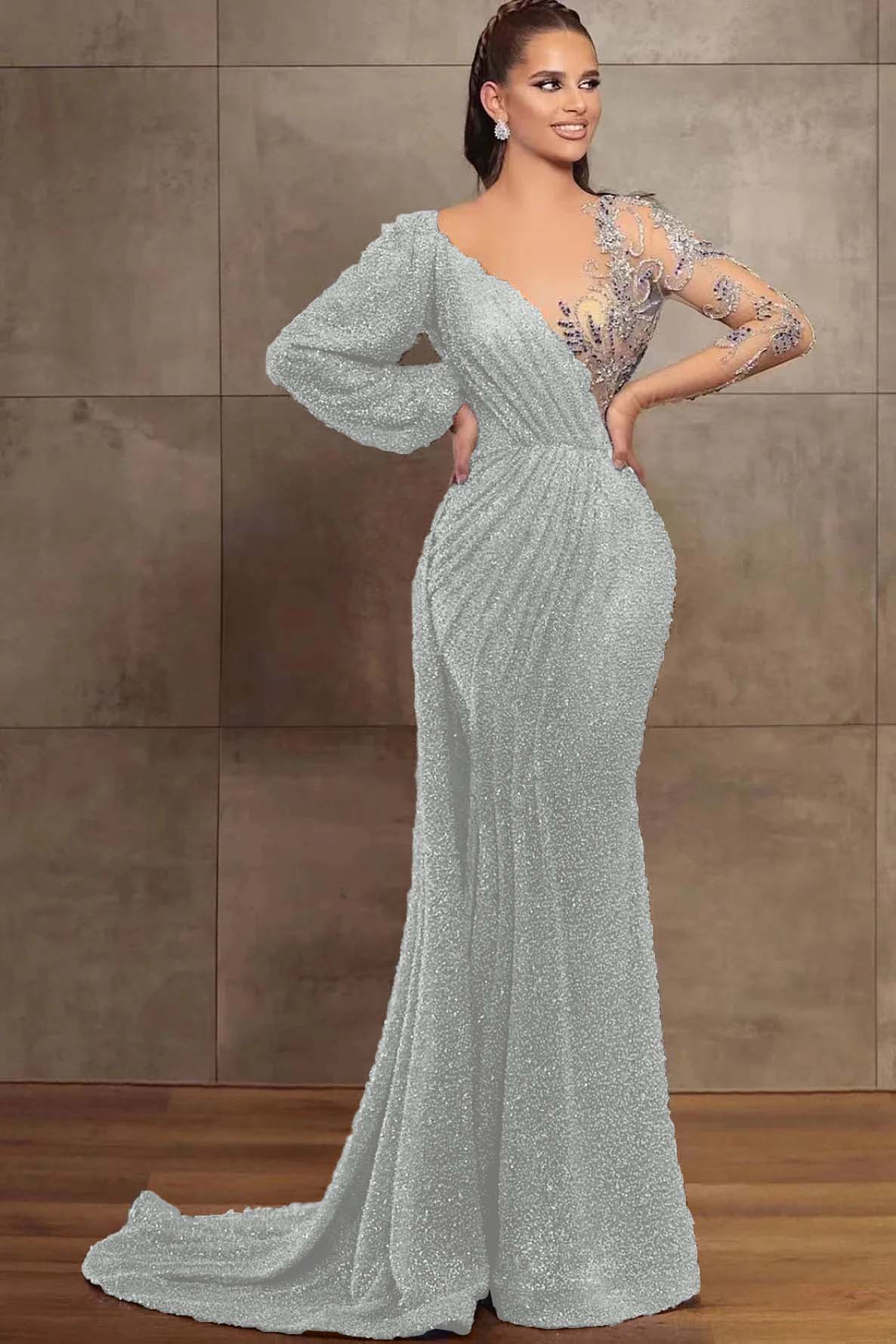 Amazing V-Neck Long Sleeves Mermaid Evening Dress With Sequins Beads