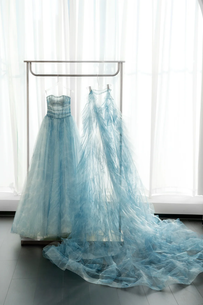 Gorgeous A Line Strapless Beaded Blue Tulle Long Party Dress Evening Dress SH2812