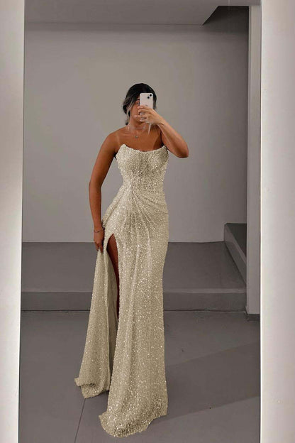 Glamorous Light Pink Sequins Strapless Sleeveless Long Prom Dress with Split