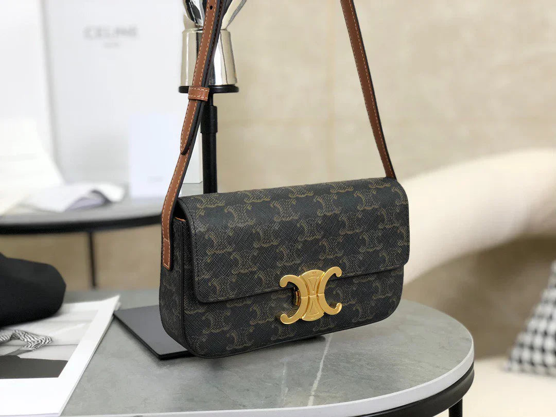 CELINE Triomphe Shoulder Bag In Triomphe Canvas And Calfskin Black 20 x 10 x 4 cm