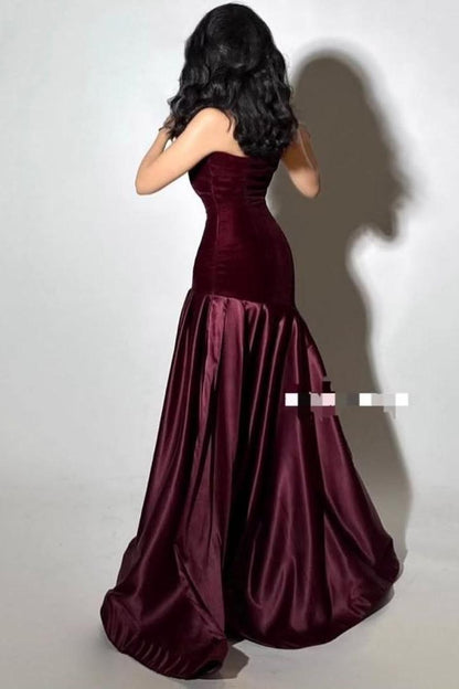 Beautiful Grape Satin Sleeveless Strapless Velvet Long Prom Dress with Pleated