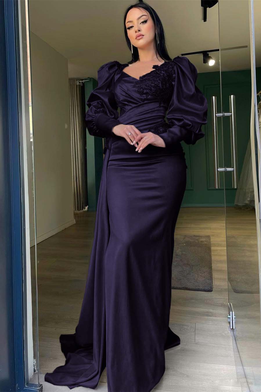 Long Puff Sleeves Mermaid Prom Dress With Appliques Ruffles
