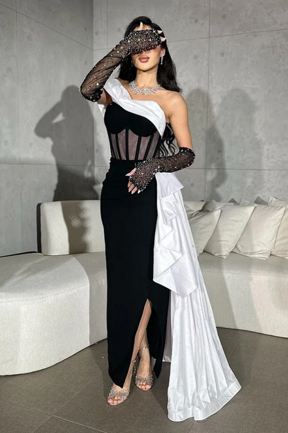 Black Short Slit Prom Dress With White Tail