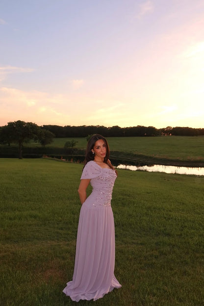 Chic Dusty Rose One Shoulder Chiffon Evening Dress With Beaded