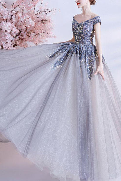 Gorgeous Off-The-Shoulder Long Ball Grown Prom Dress With Sweetheart Sequins