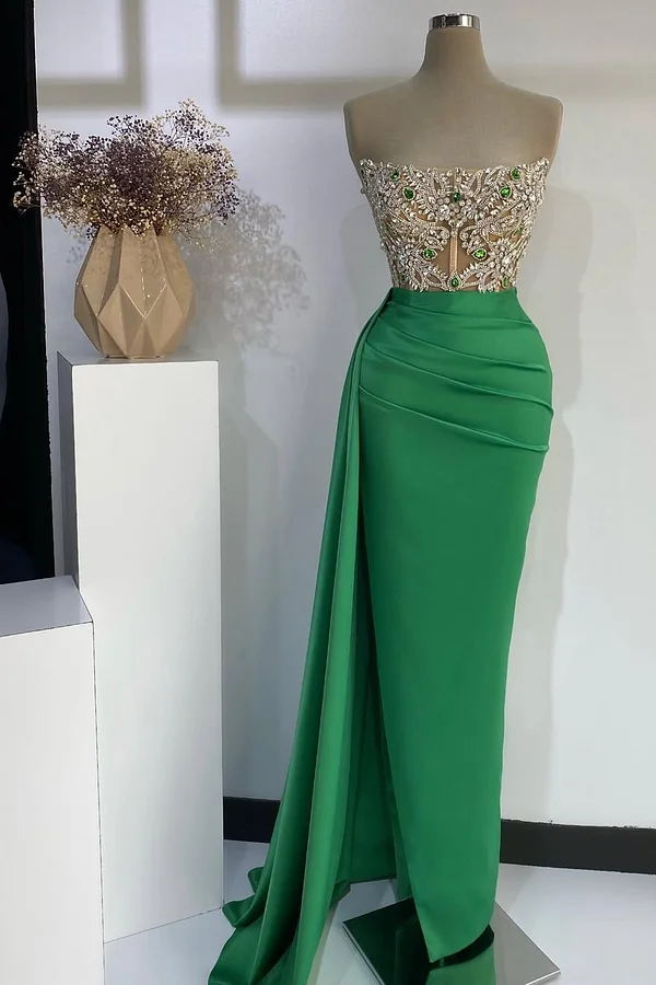Green Sleeveless Strapless Square Mermaid Beads Prom Dress