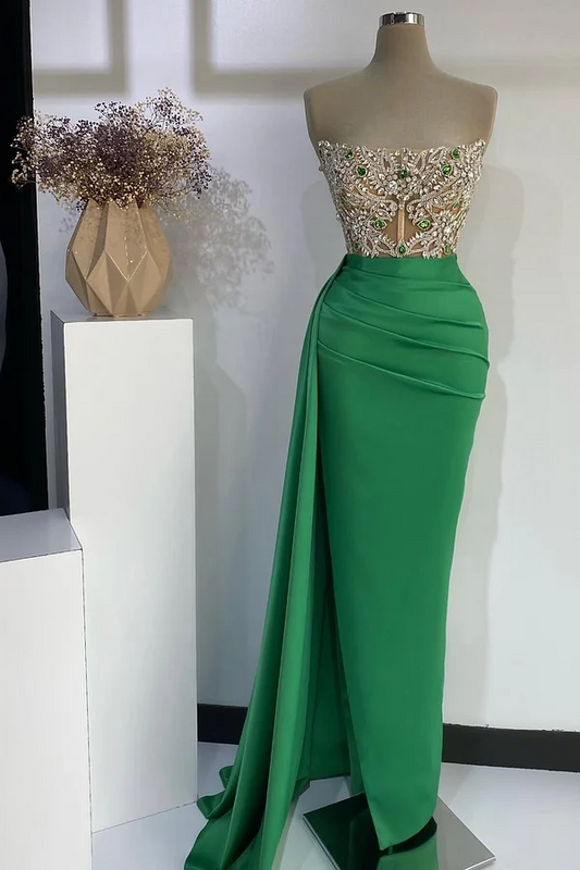 Green Sleeveless Strapless Square Mermaid Beads Prom Dress