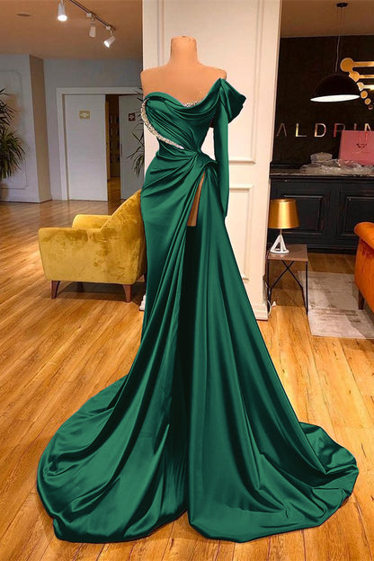 One-Shoulder Purple Long Sleeves Beadings Evening Dress Split Mermaid