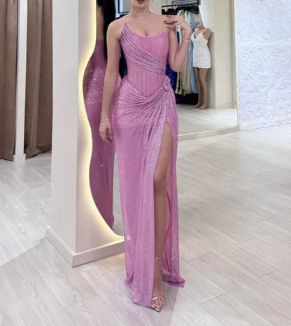 Elegant Pink Strapless Mermaid Split Long Party Dress Evening Gown, D1014