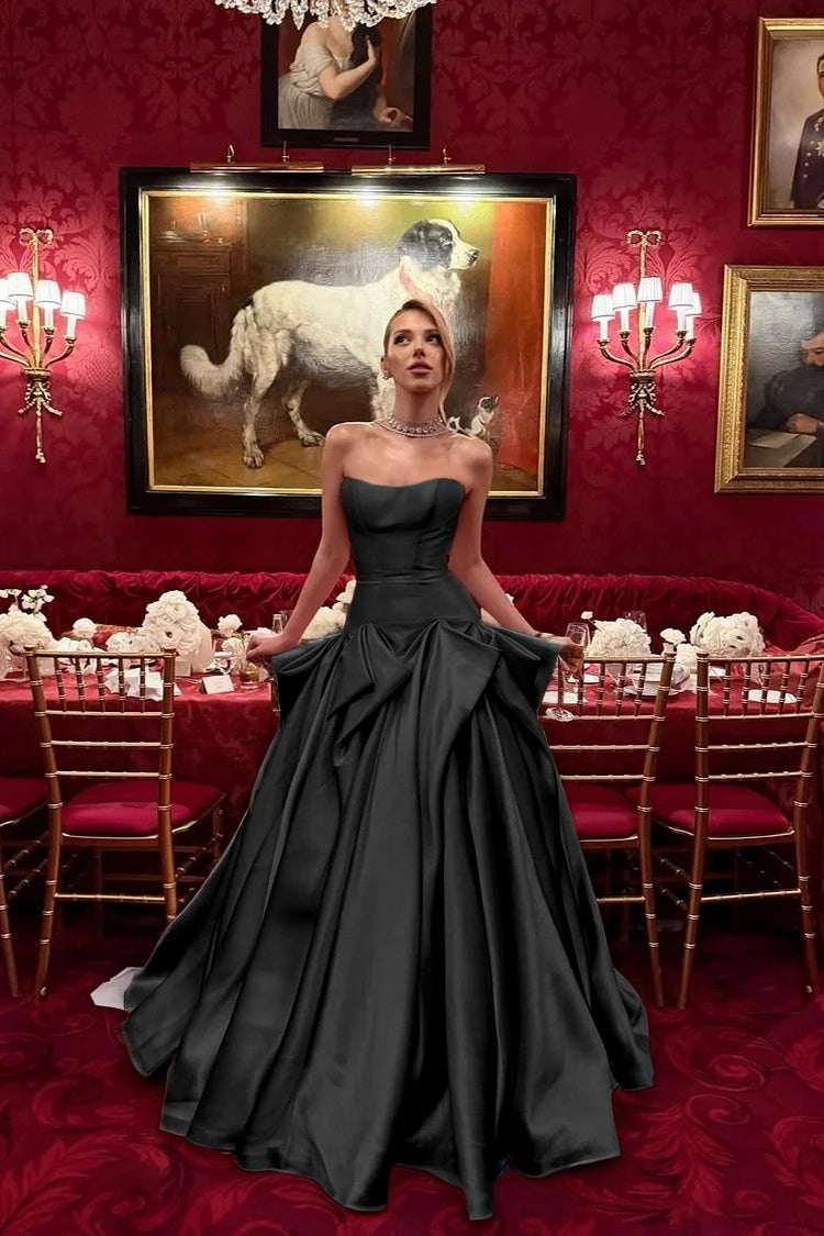 Glamorous Satin Strapless Sleeveless Fitted Waist Long A-Line Evening Dress