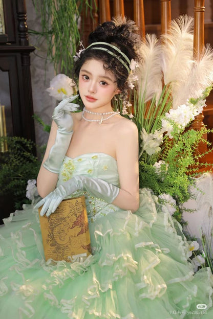 Princess A Line Sweetheart Neck Beaded Green Tiered Tulle Long Party Dress Evening Dress SH2859