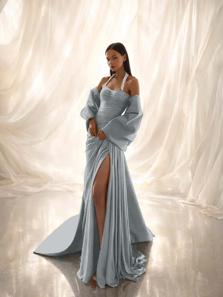 Charming Dark Green Halter Straps Pleated Split Evening Dress With Shawl