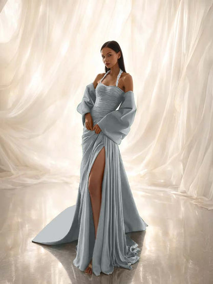 Charming Dark Green Halter Straps Pleated Split Evening Dress With Shawl