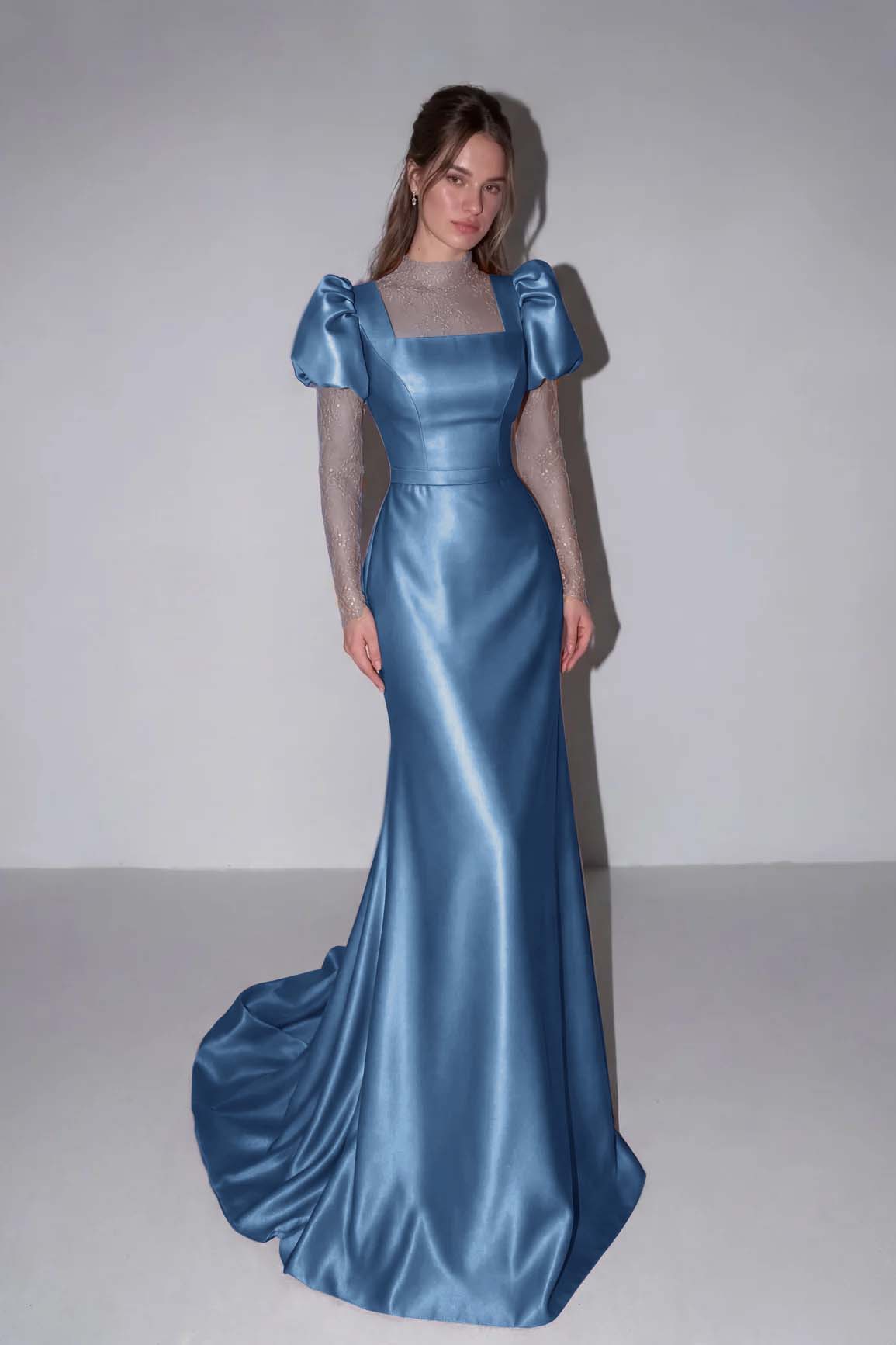 Lilac High Neck Mermaid Prom Dress Long Sleeves in Satin with Lace