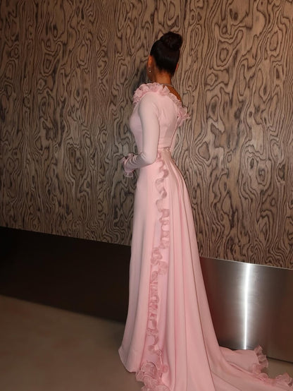 Pink Long Sleeves One Shoulder Mermaid Evening Dress With Ruffles
