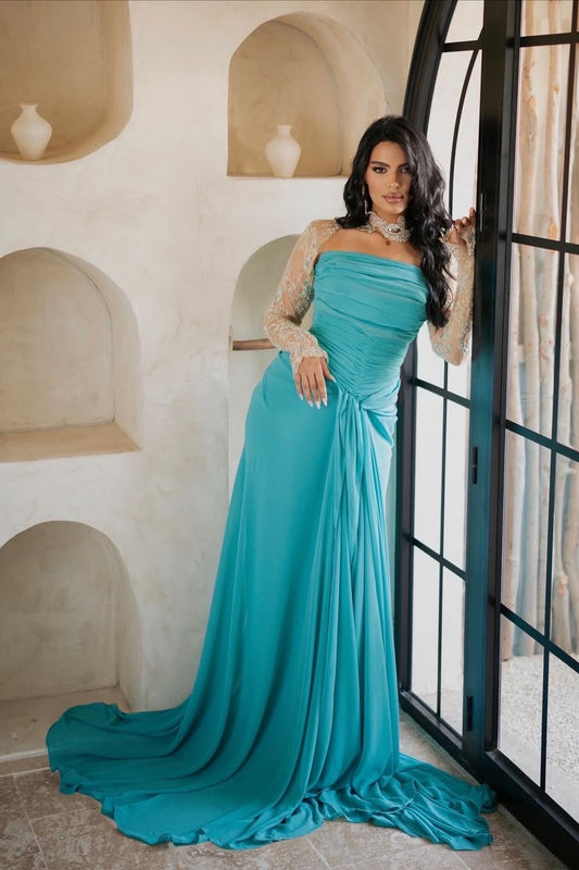 Sleeveless Elegant Pleated Prom Dress With Long Sleeves Shawl