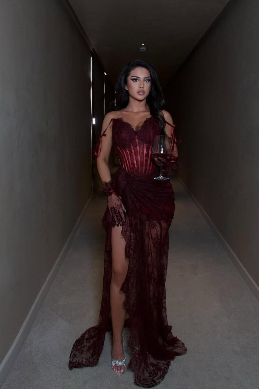 Sexy Sleeveless Strapless Lace Sweetheart Long Slit Prom Dress With Gloves