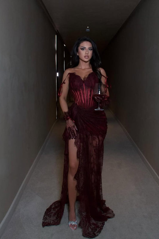 Sexy Sleeveless Strapless Lace Sweetheart Long Slit Prom Dress With Gloves
