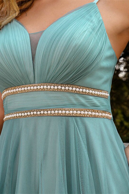 Spaghetti-Straps Hi-Lo Short Prom Dress With Sweetheart Pearls Tulle