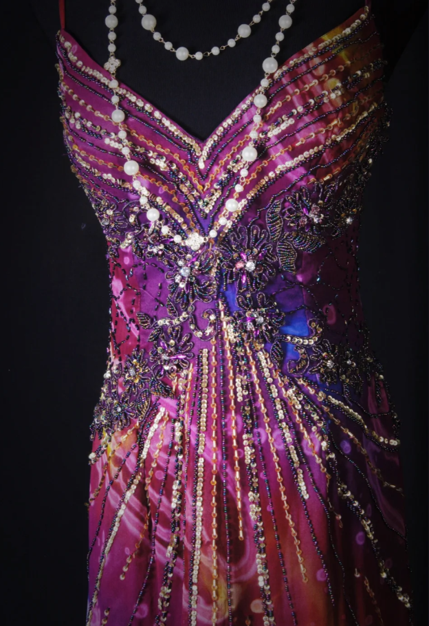 Unique V Neck Purple Spaghetti Straps Chiffon Beaded Mermaid Long Party Dress Evening Gown D2262