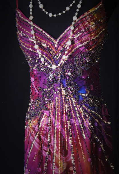 Unique V Neck Purple Spaghetti Straps Chiffon Beaded Mermaid Long Party Dress Evening Gown D2262