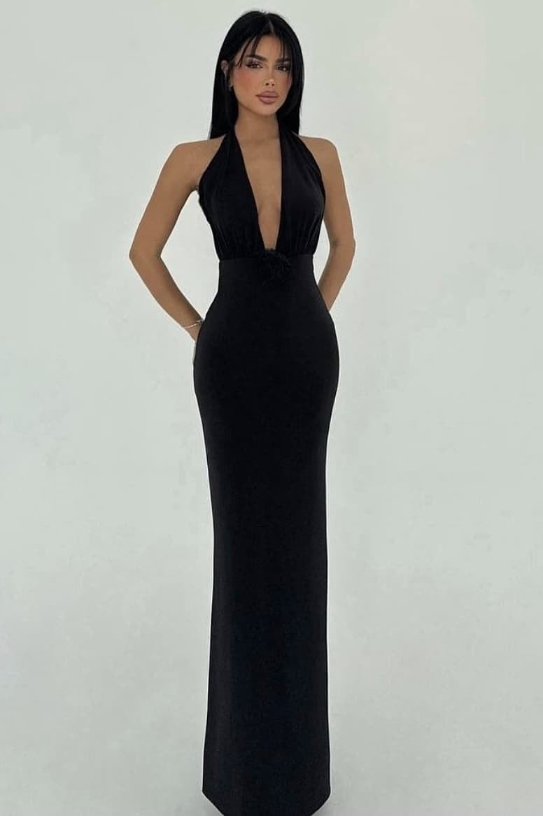 Sexy Black Halter Straps Sleeveless Deep V-Neck Mermaid Prom Dress