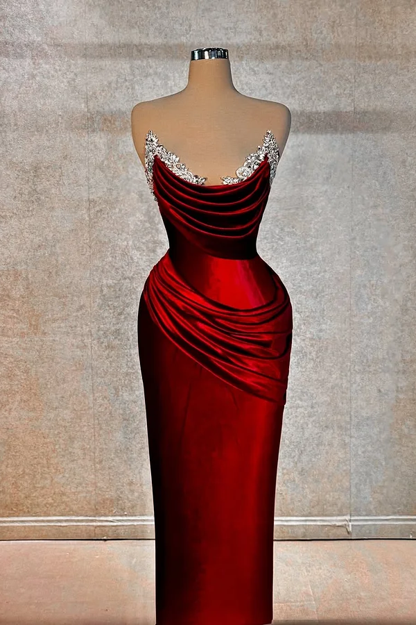 Red Sleeveless Strapless Mermaid Pleated Beads Prom Dress