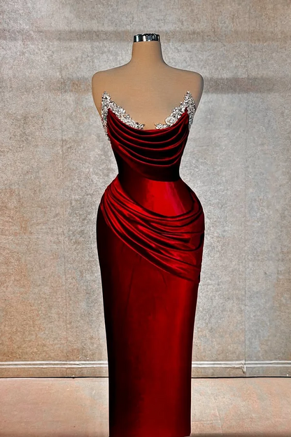 Red Sleeveless Strapless Mermaid Pleated Beads Prom Dress