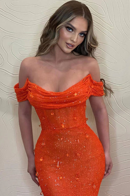 Orange Off-The-Shoulder Prom Dress With Sequins Mermaid