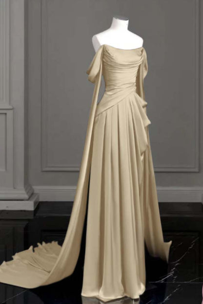 Sleeveless Off-The-Shoulder Pleated Long Prom Dress With Trailing On Both Sides