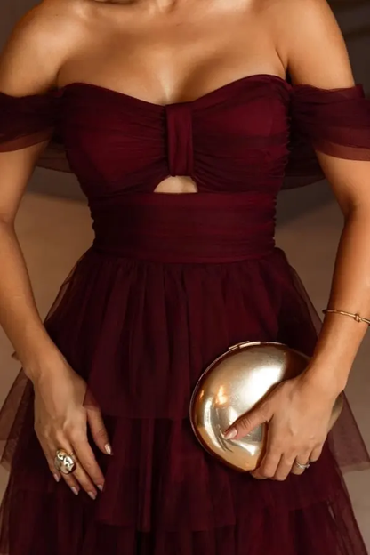 Burgundy Tulle A-Line Off-The-Shoulder Split Evening Dress