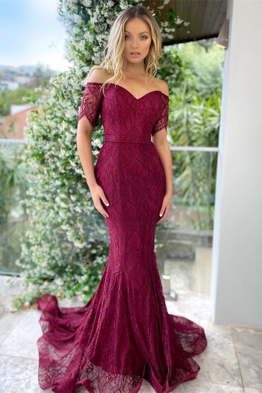 Off-The-Shoulder Short Sleeves Burgundy Mermaid Prom Dress With Applique