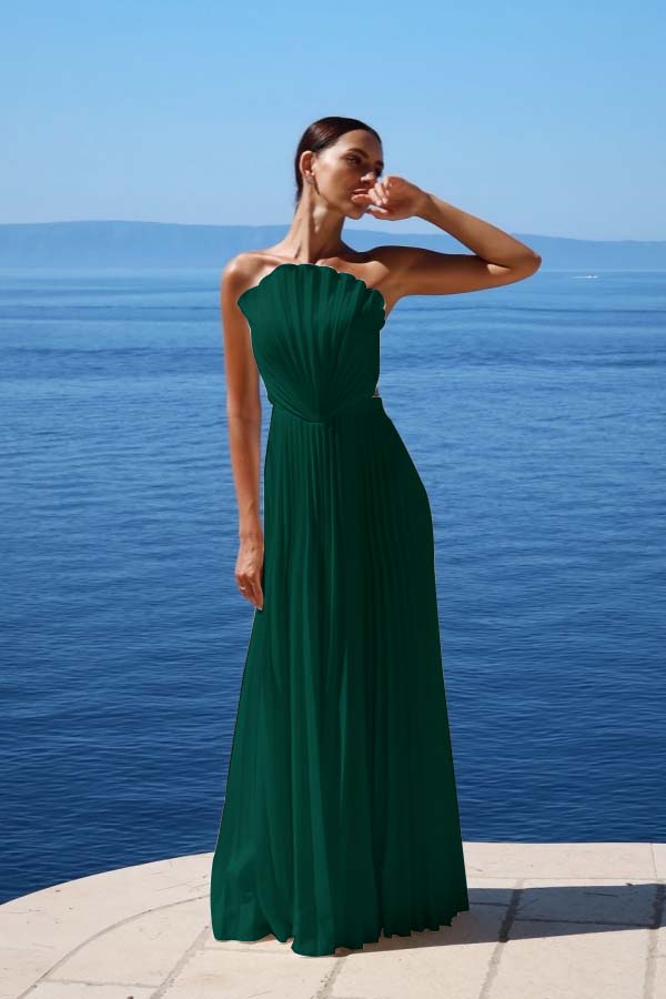 Simple White Sleeveless Strapless Long Prom Dress With Pleated