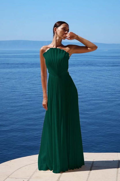 Simple White Sleeveless Strapless Long Prom Dress With Pleated